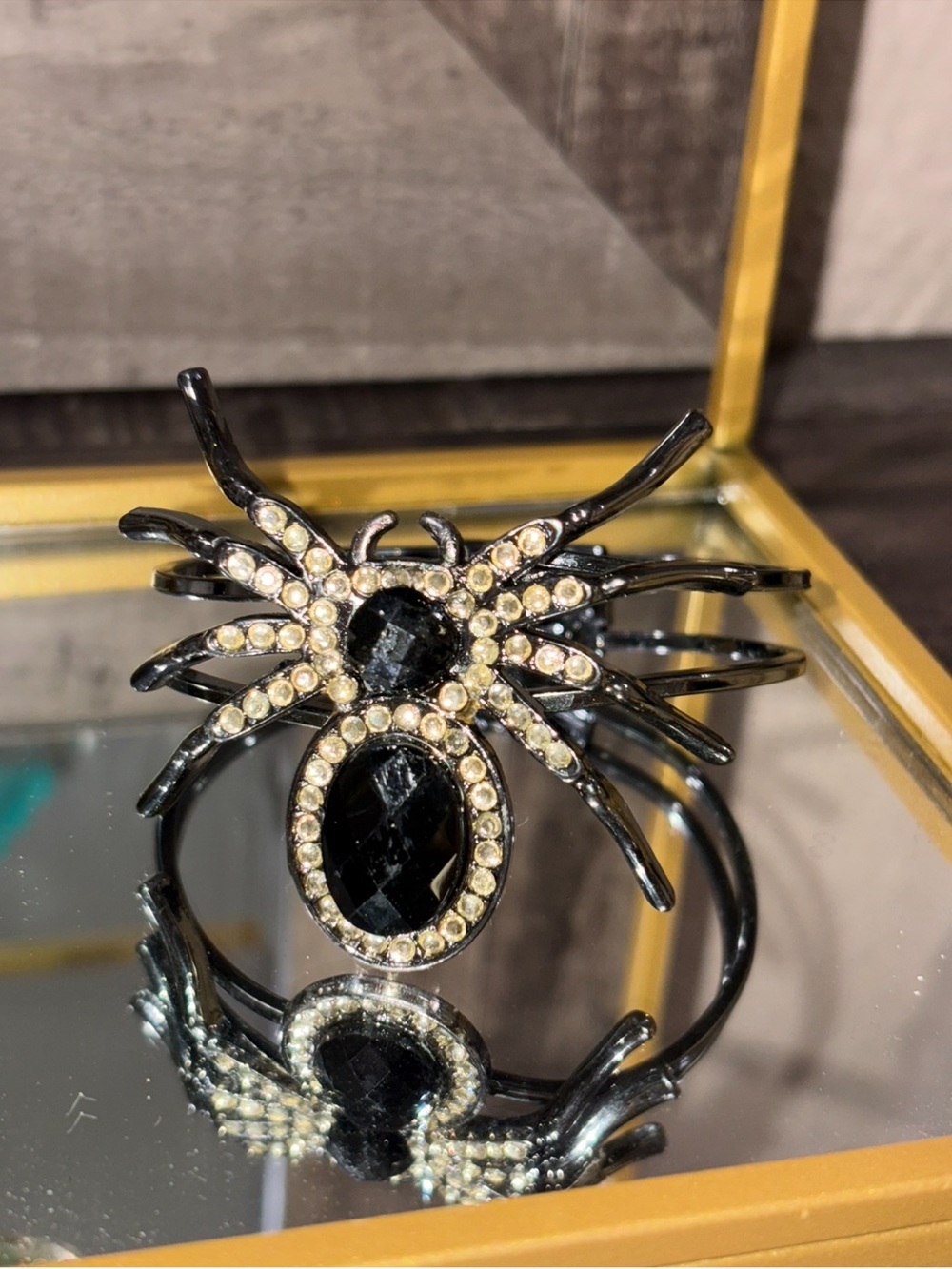Vintage Goth Glam Black Rhinestone Spider Statement Cuff Bracelet
